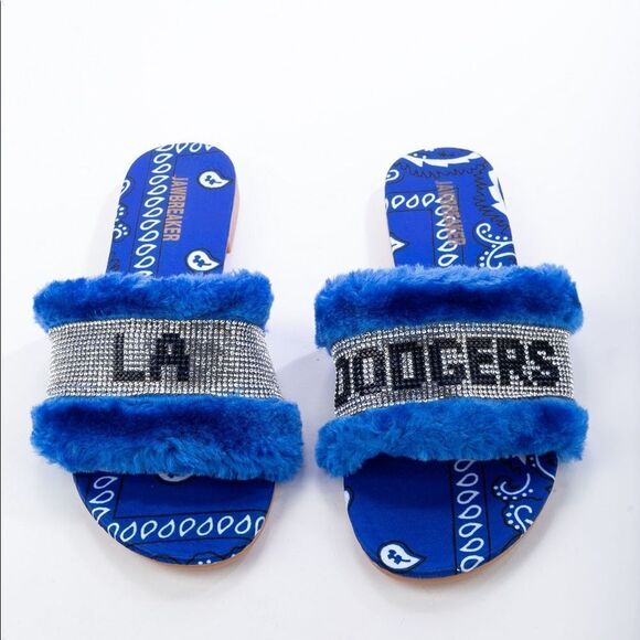 LA DODGERS BLUE Faux Fur Bandana Slide - Picture 1 of 4